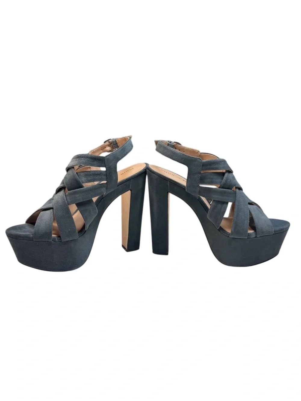 POUR LA VICTOIRE Women's Blue Gray Kid Suede Platform Heels Sandals Size 9.5